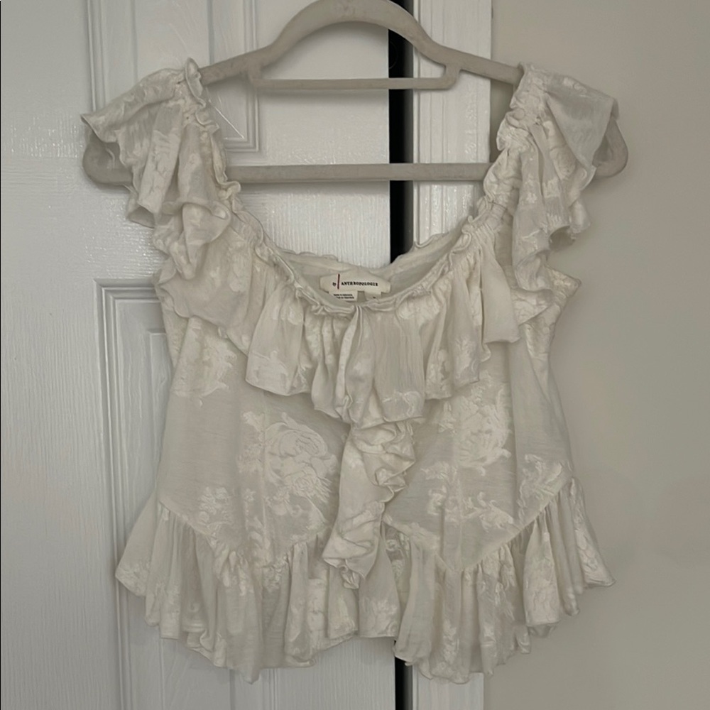 Anthropologie Cream Ruffled off the shoulder top